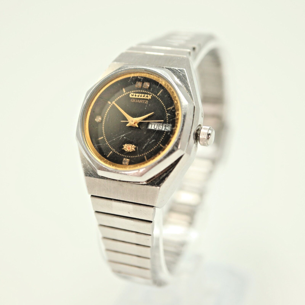 Vintage Citizen Quartz Watch Women Black Dial Day Date Silver Tone w New Battery
